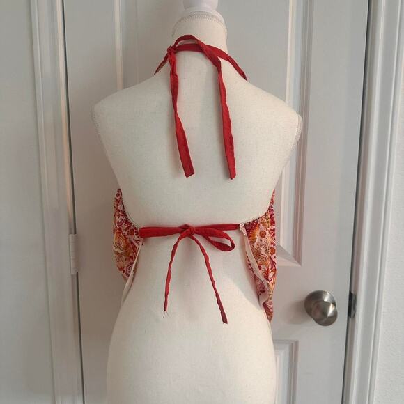 Patterned Halter V Neck Plunging Chest Area + Backless Tie Up Top Women’s Size L - Picture 2 of 3